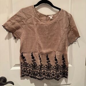 J. Crew Short-Sleeve Linen Top with Black Floral Embroidery